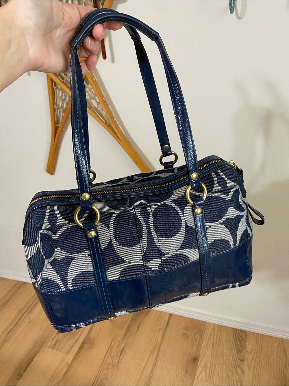 Coach Navy/White Signature Canvas Satchel with Leather Trim